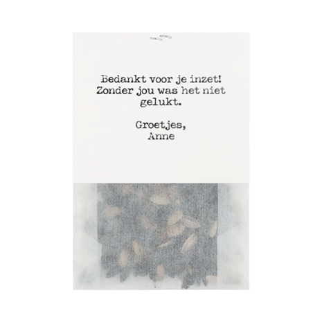 Bedankt vrijwilliger - bedankje zaden in pergamijn zakje met klapkaartje 