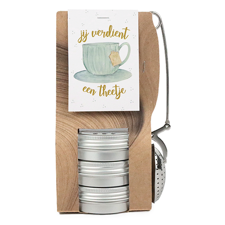 Theetas met 3 blikjes en thee-ei knijper - Jij verdient een theetje - Hoofdfoto