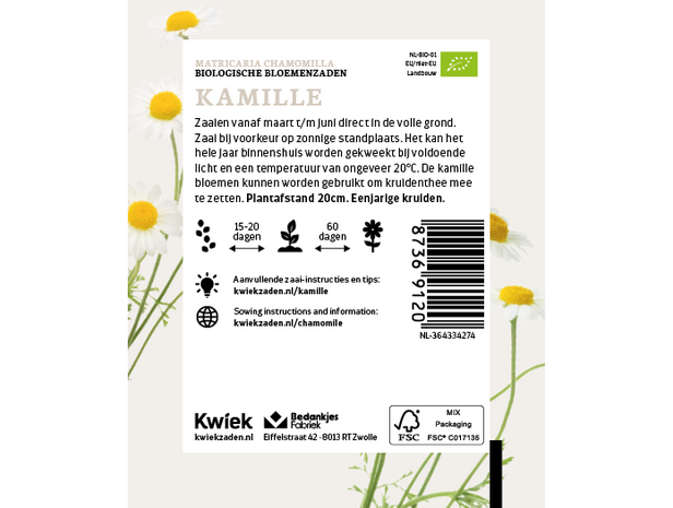 Biologische Kamille zaden -  Kwiek Uitdeel zakjes (THT 7-2026)