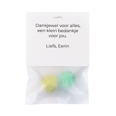 Zaadbommetjes in pergamijn zakje met klapkaartje - Achterkant klapkaartje met persoonlijke tekst