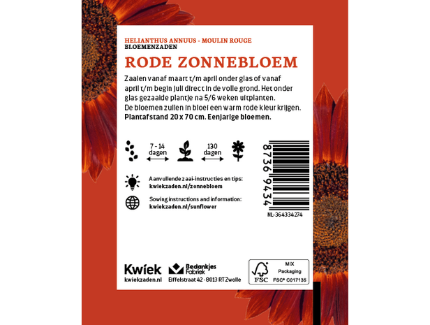Rode zonnebloem zaden -  Kwiek Uitdeel zakjes (UITVERKOCHT)