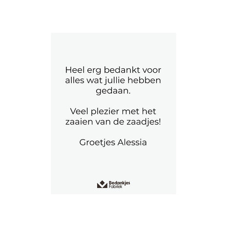 Zaden in bioplatic zakje - Achterkant met persoonlijke tekst