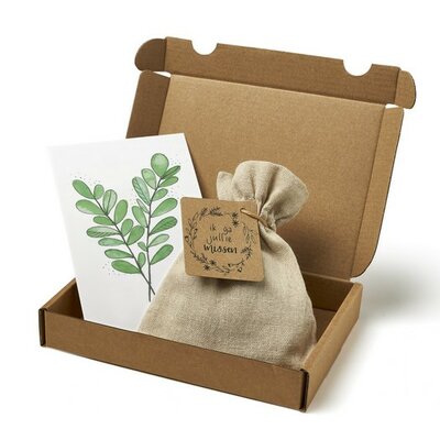 Ik ga jullie missen - Brievenbus bedankje; zaden in linnenzakje met ansichtkaart