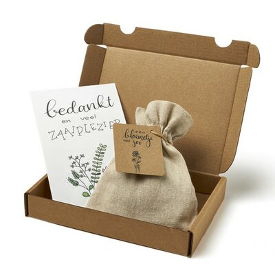 Een bloemetje voor jou - Brievenbus bedankje; zaden in linnenzakje met ansichtkaart