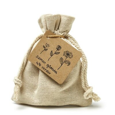 Samen groeien we verder - bedankje zaden in linnenzakje