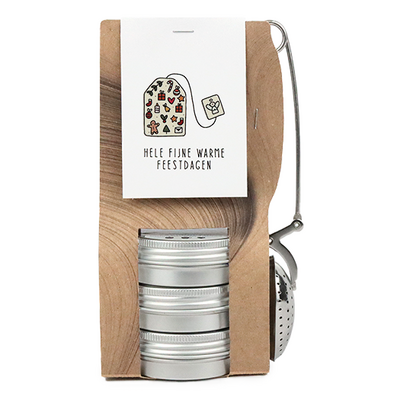 Hele fijne warme feestdagen - Theetas met 3 blikjes en  thee-ei knijper