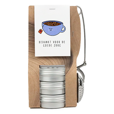 Bedankt voor de goede zorg - Theetas met 3 blikjes en  thee-ei knijper