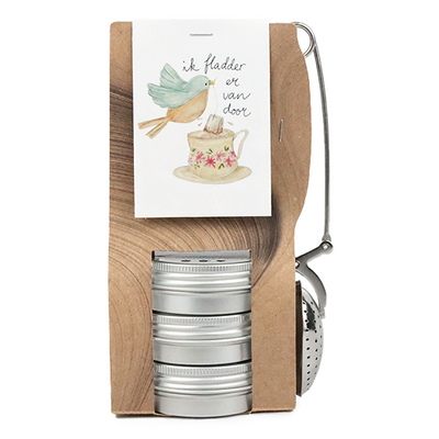 Ik fladder er vandoor - Theetas met 3 blikjes en  thee-ei knijper