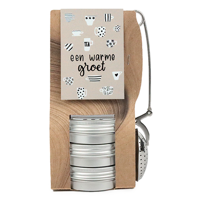 Een warme groet - Theetas met 3 blikjes en  thee-ei knijper