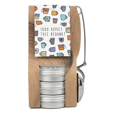 1000 kopjes thee bedankt - Theetas met 3 blikjes en  thee-ei knijper