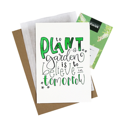 Bloemenzaden met kaart 'To plant a garden is to believe in tomorrow' verpakt in pergamijn zakje