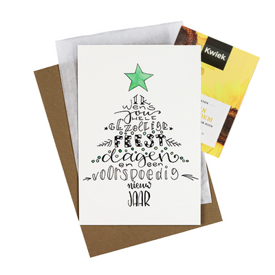 Bloemenzaden met kaart 'Gezellige feestdagen' verpakt in pergamijn zakje