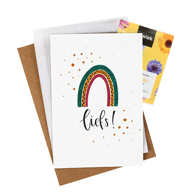 Bloemenzaden met kaart 'Liefs' verpakt in pergamijn zakje