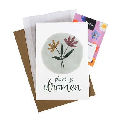 Bloemenzaden met kaart 'Plant je dromen // Floralis' verpakt in pergamijn zakje
