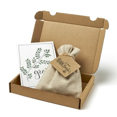 Brievenbus bedankje; zaden in linnenzakje met ansichtkaart