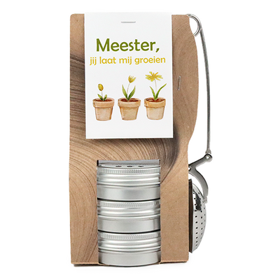 Meester, jij laat mij groeien - Theetas met 3 blikjes en  thee-ei knijper