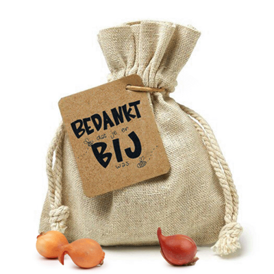 Bedankt dat je er bij was - bedankje bloembollen in linnenzakje