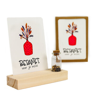 Bedankt voor je inzet - Bedankje zaden in glazen flesje met kaart en standaard