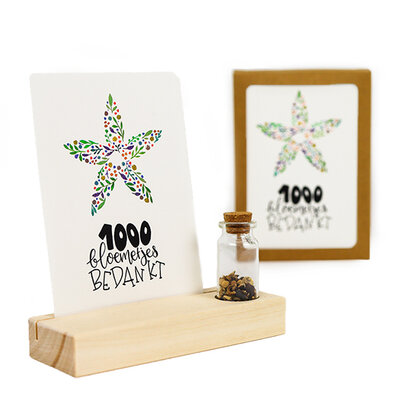 1000 bloemetjes bedankt - Bedankje zaden in glazen flesje met kaart en standaard