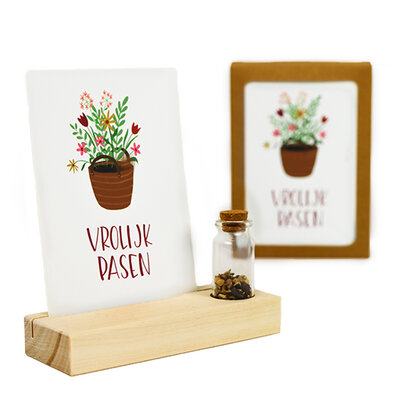 Vrolijk Pasen - Bedankje zaden in glazen flesje met kaart en standaard