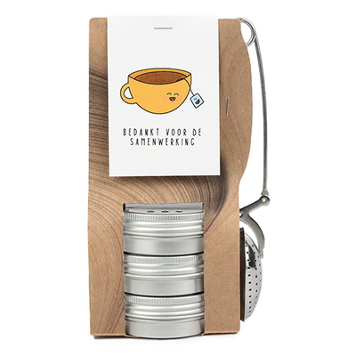 Bedankt voor de samenwerking - Theetas met 3 blikjes en thee-ei knijper // Eef