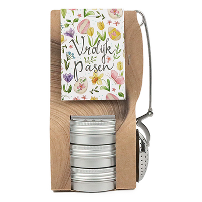 Vrolijk Pasen - Theetas met 3 blikjes en thee-ei knijper  // Mijksje