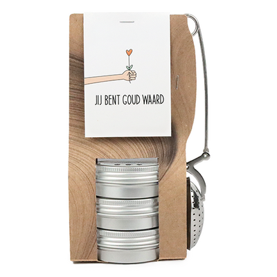 Jij bent goud waard - Theetas met 3 blikjes en thee-ei knijper // Eef